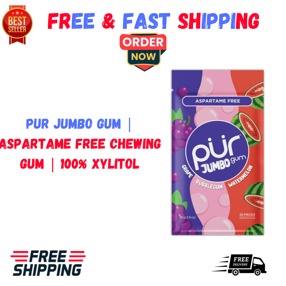 PUR Chewing Gum Natural Bubblegum Grape, Watermelon Flavor, 20 Pieces, CHOICE...