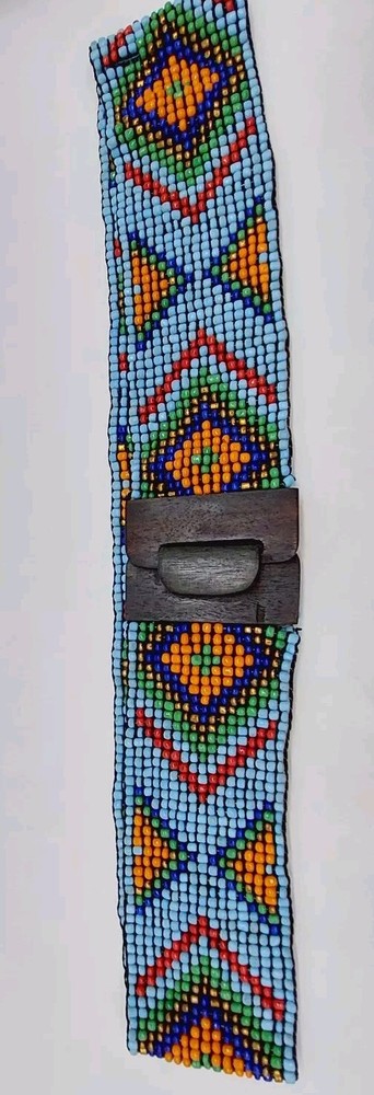 Southwest Blue Beaded Wide Stretch Belt with Wooden Clasp Multi-Colored Design