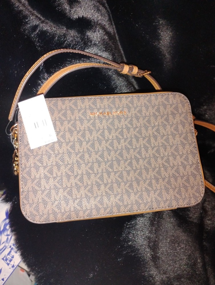 New Michael Kors Jet Set MK Signature Brown & Tan Monogram Crossbody