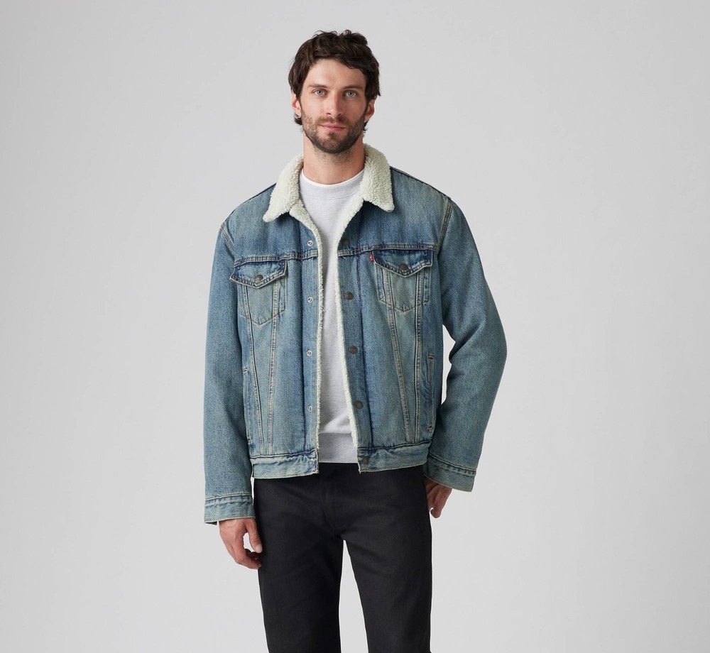 Levis Sherpa Lined Trucker Jean Jacket Mens LARGE 44 BLUE Denim Strauss Western