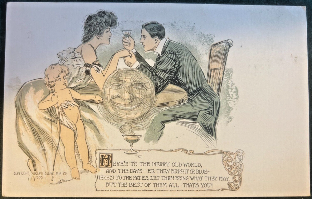 Antique Valentine: 1 of 7, Art Nouveau, Cupid helps a couple toast their love
