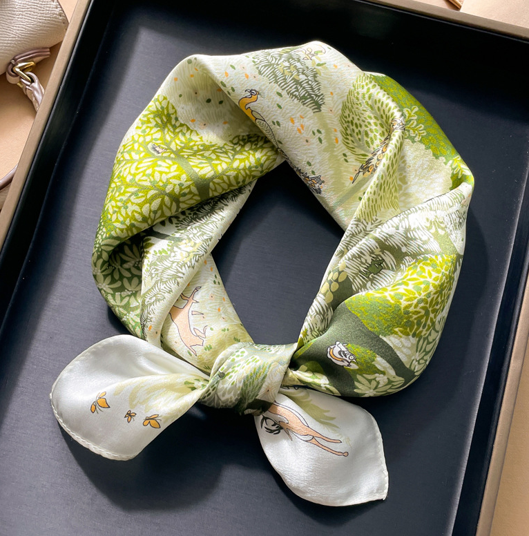 100% Mulberry Silk Scarf Green Forest Square Bandana Wrap 53x53cm for Women