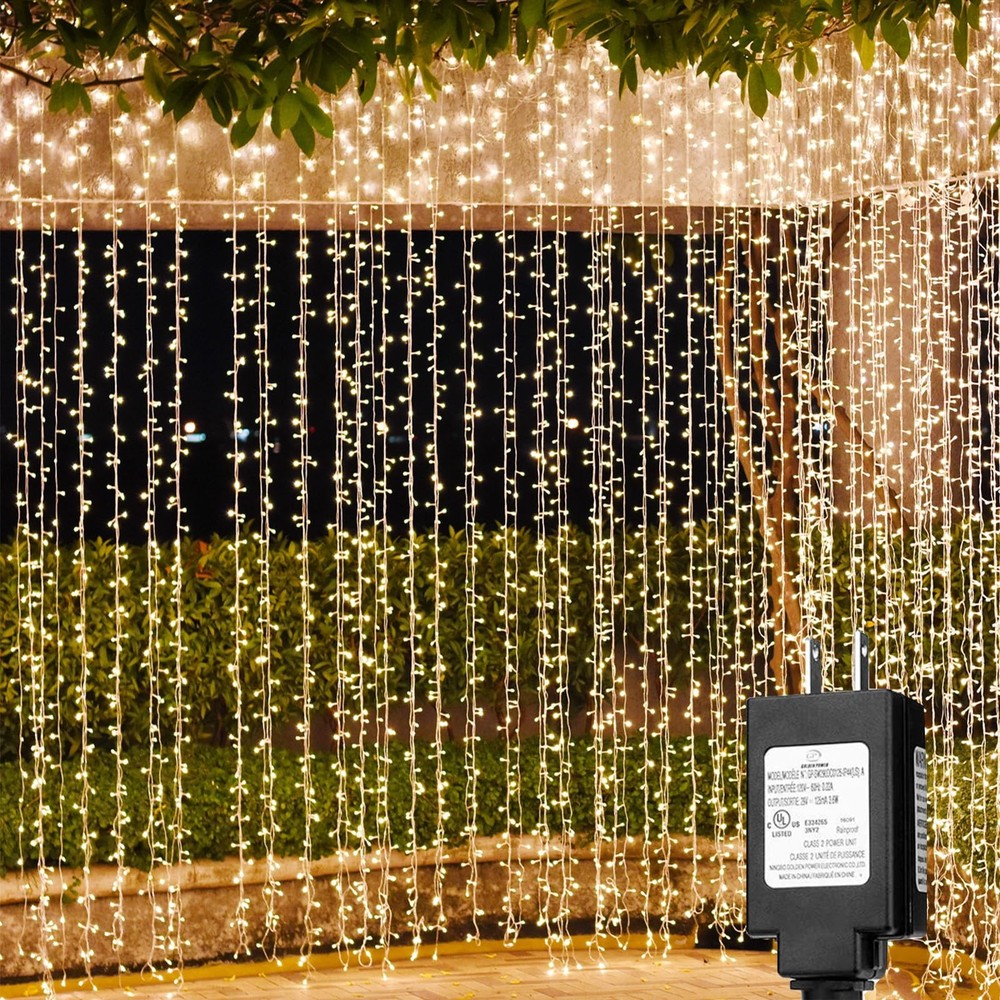 LED Curtain Lights Outdoor 20ft x10ft, 600 LED Plug in Hanging String Lights ...