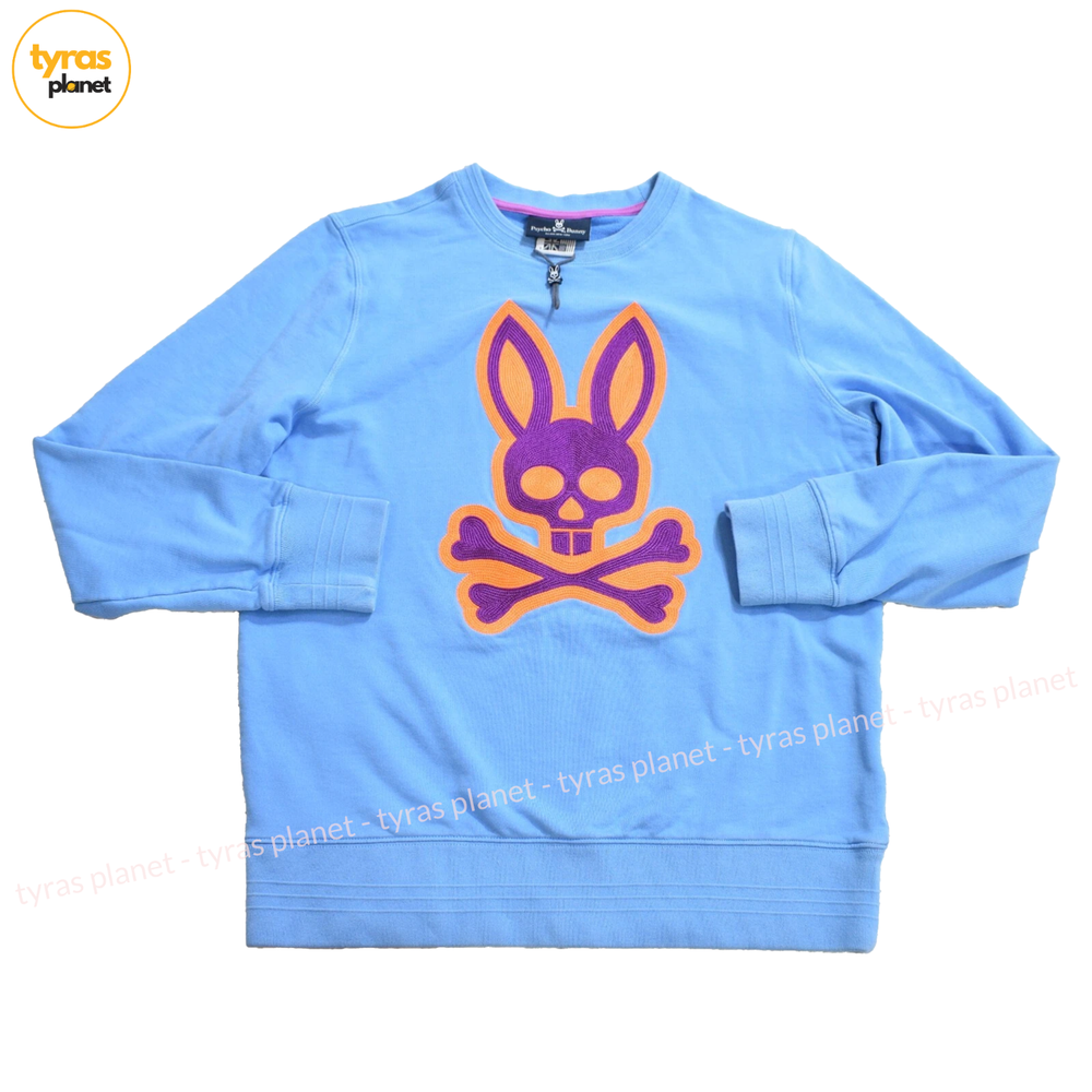 Psycho Bunny Sweatshirt Logo Skull Embroidered Neon 100% Cotton Blue Mens XXL