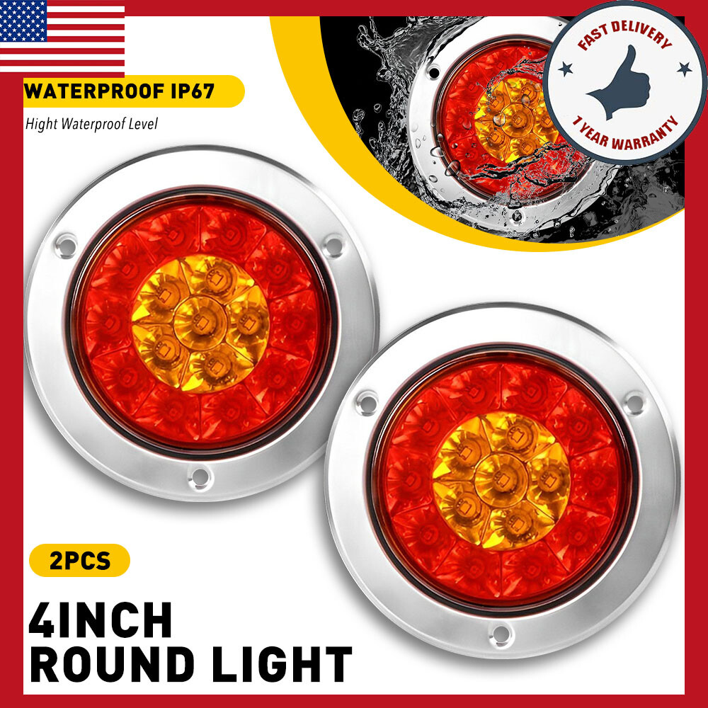 2pc 4inch Round Red White 16LED Truck Brake Trailer Stop Turn Signal Tail Lights