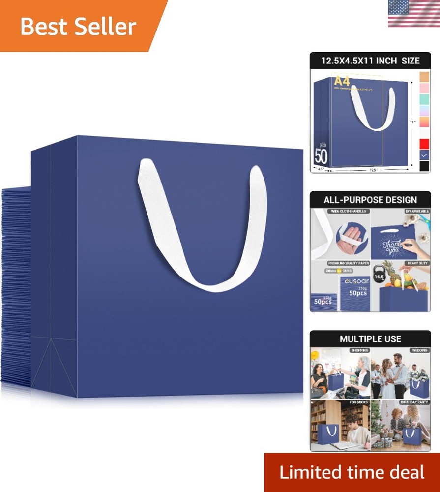 Blue Gift Bags with Handles, 50 pack 12.5