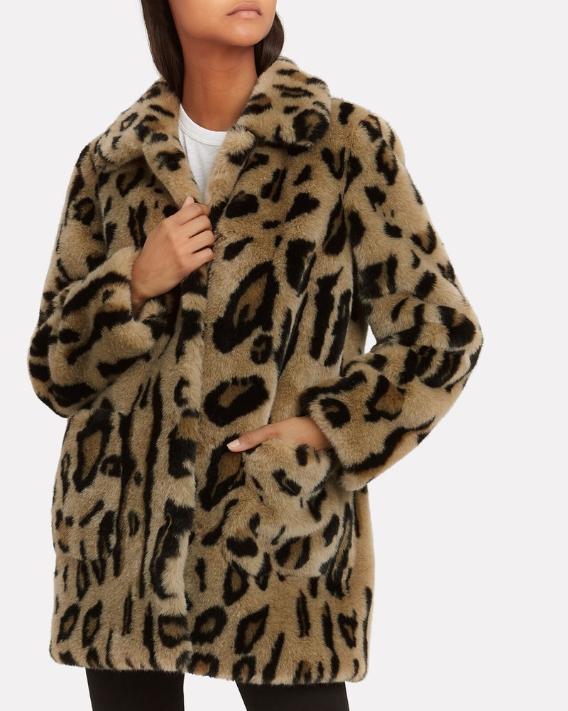 Stand Alexa Beige Black Leopard Faux Fur Coat, Size M