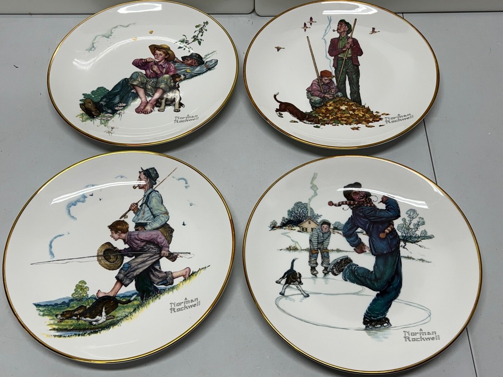 Norman Rockwell 1974 Season Plates Spring, Summer, Fall, Winter Set Gorham China