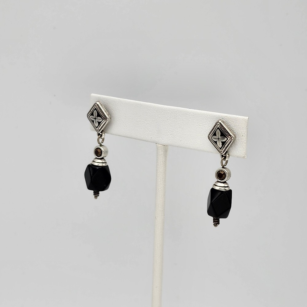 Brighton Black Onyx Crystal Silver Plate Cross Pattern Dangle Pierced Earring