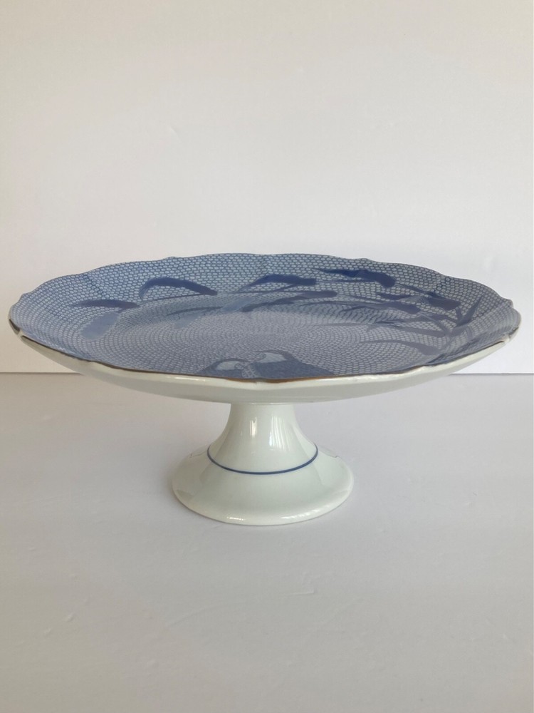Vintage Arita Blue Chinese Quail Porcelain Cake Pedestal Plate~ Japan