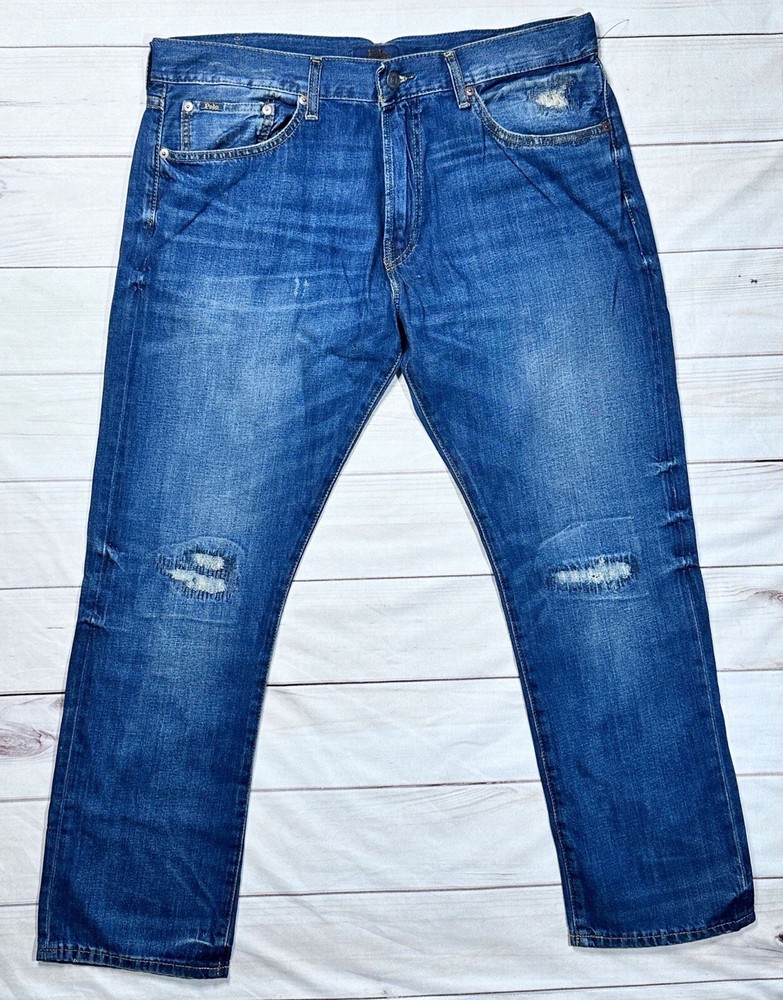 Polo Ralph Lauren Mens Jeans Blue 35*30 The Varick Slim Straight Patch Distress