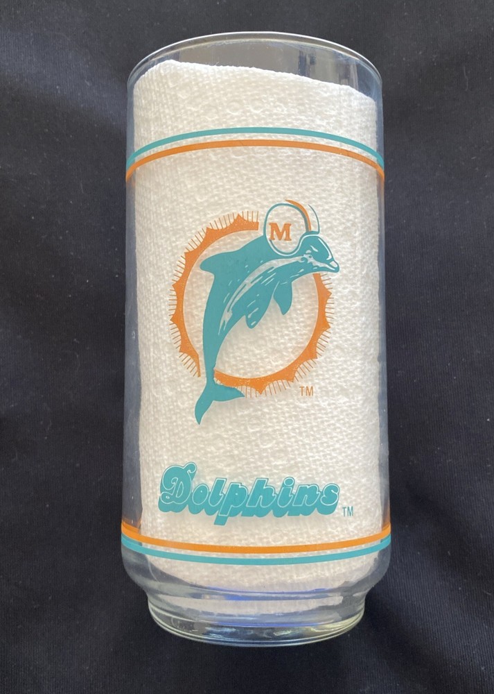 Vintage 80s Miami Dolphins NFL Logo Mobil Drinking Glass Collectible