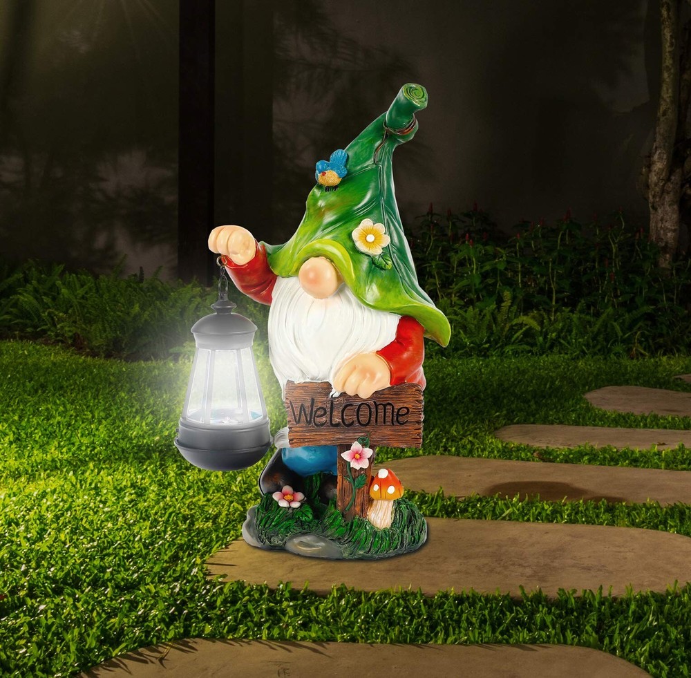 Garden Gnome Statue, Resin Figurine with Bright Solar Lantern Lights and Welc...