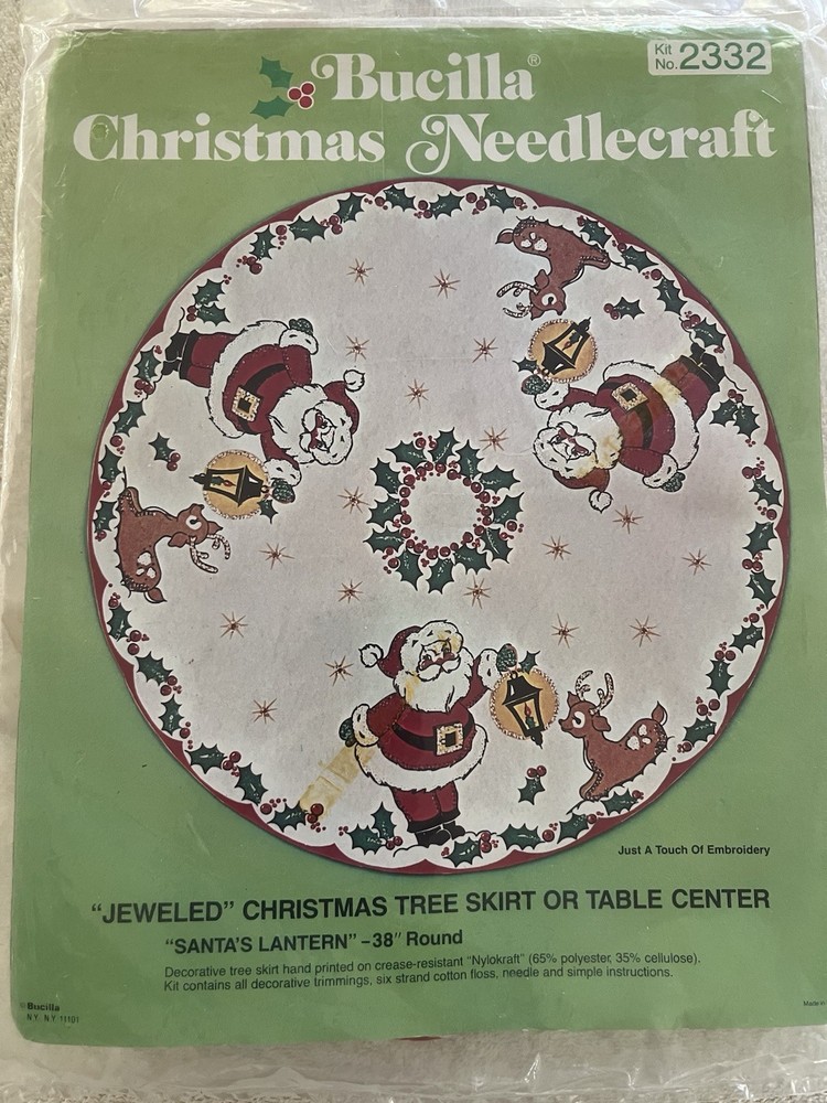 Vintage Bucilla Jeweled Santa Lantern Christmas Tree Skirt Needlecraft Kit