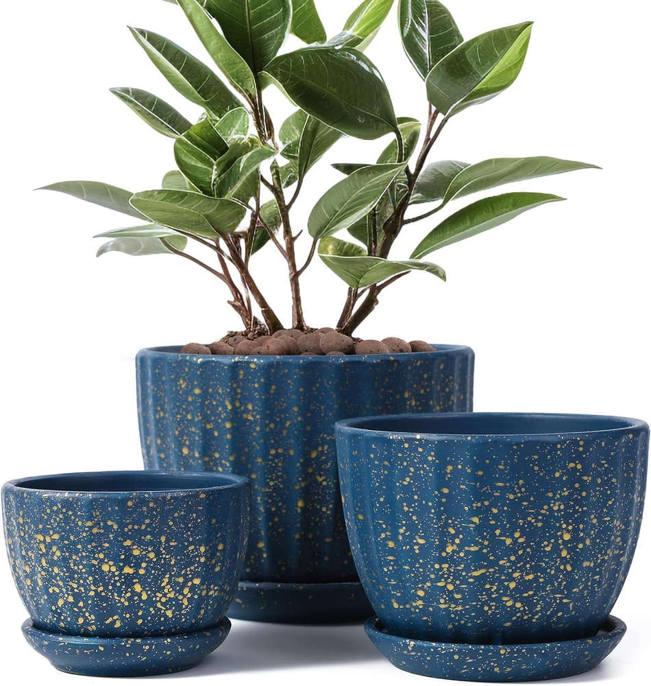 Ceramic Plant Pots with Drainage Holes and Saucers round Blue Flower Pots New