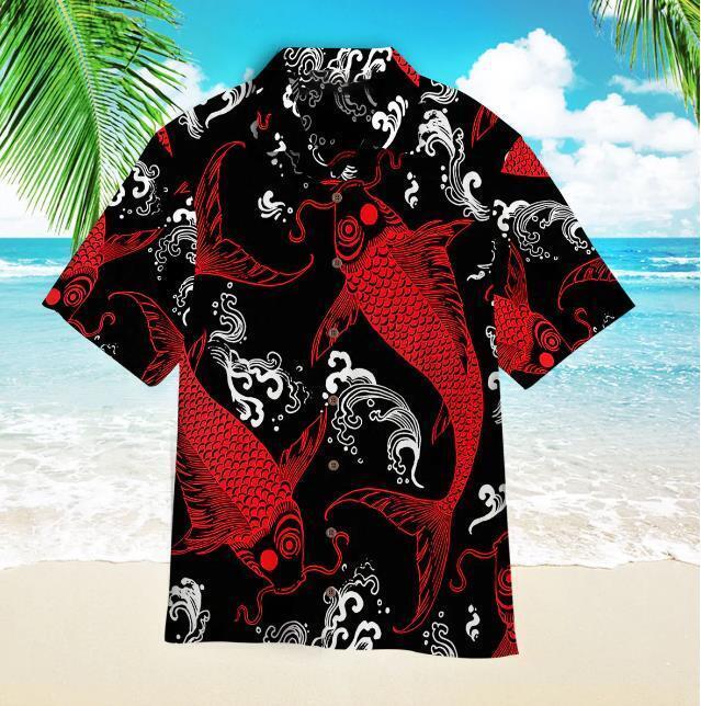 Red Koi Fish Hawaiian Shirt DAD Gift Father Day Short Sleeve Summer Beach