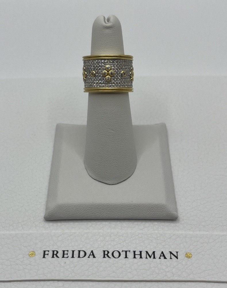 Freida Rothman Gold & Silver Signature Pave Clover Wide Band Ring Size 6
