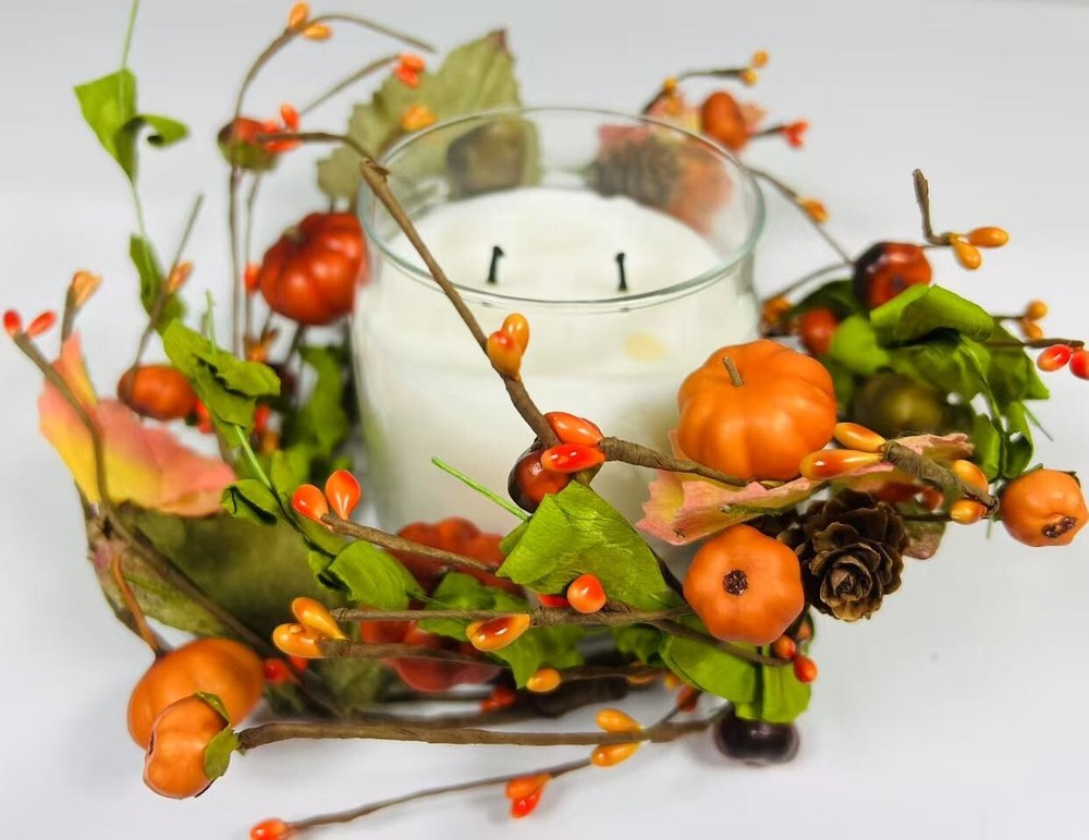 Mini Fall Candle Ring Wreath with Pumpkins Leaves Berries for 4.5