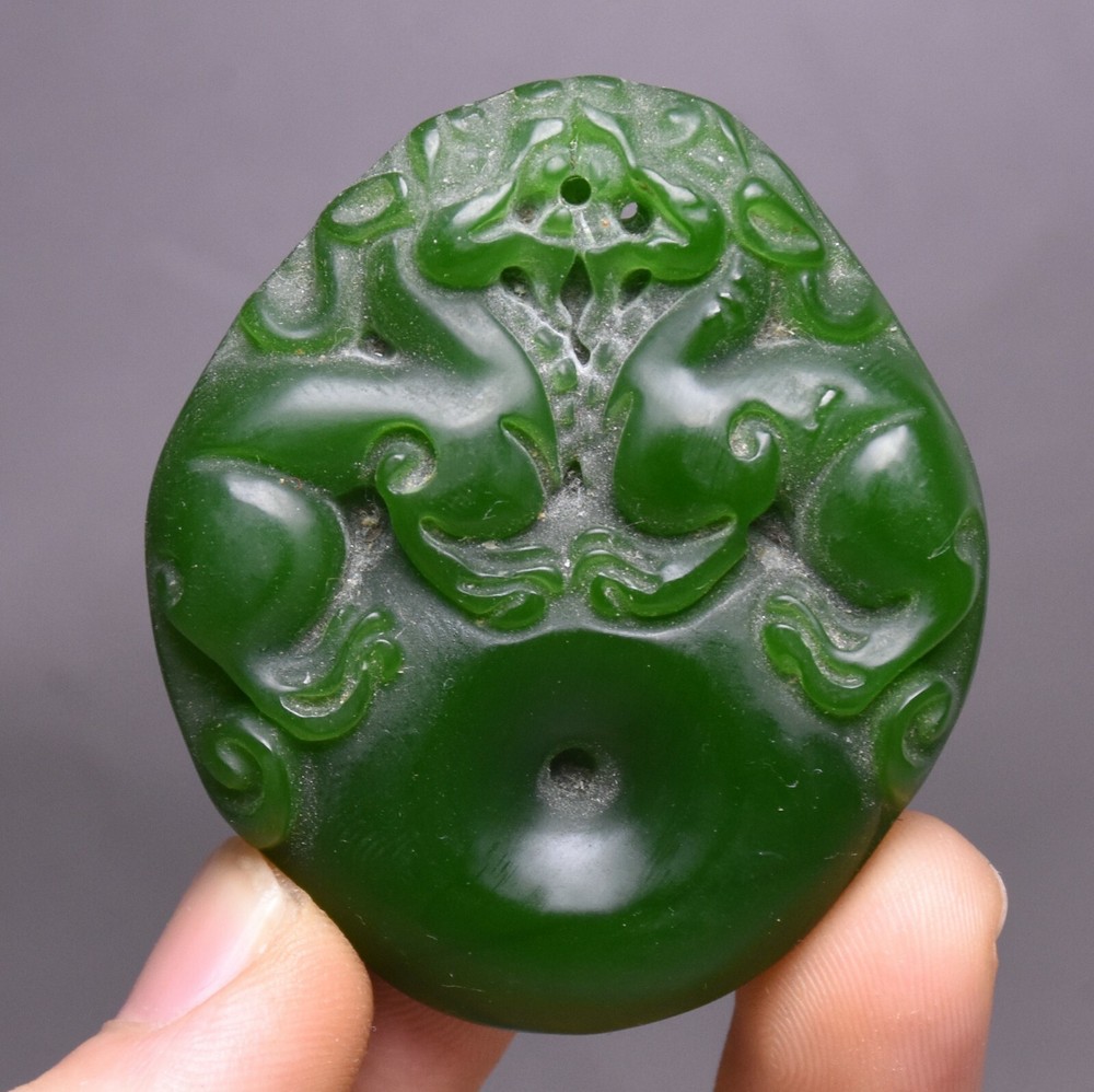 5CM Hongshan Culture Green Jade Double Dragon Amulet Pendant
