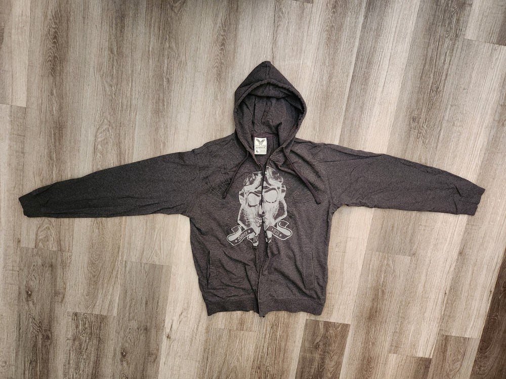 Vintage Y2K Avirex Skull Sequin Hoodie Men’s Size L Gray Goth Skater Zipper Bad