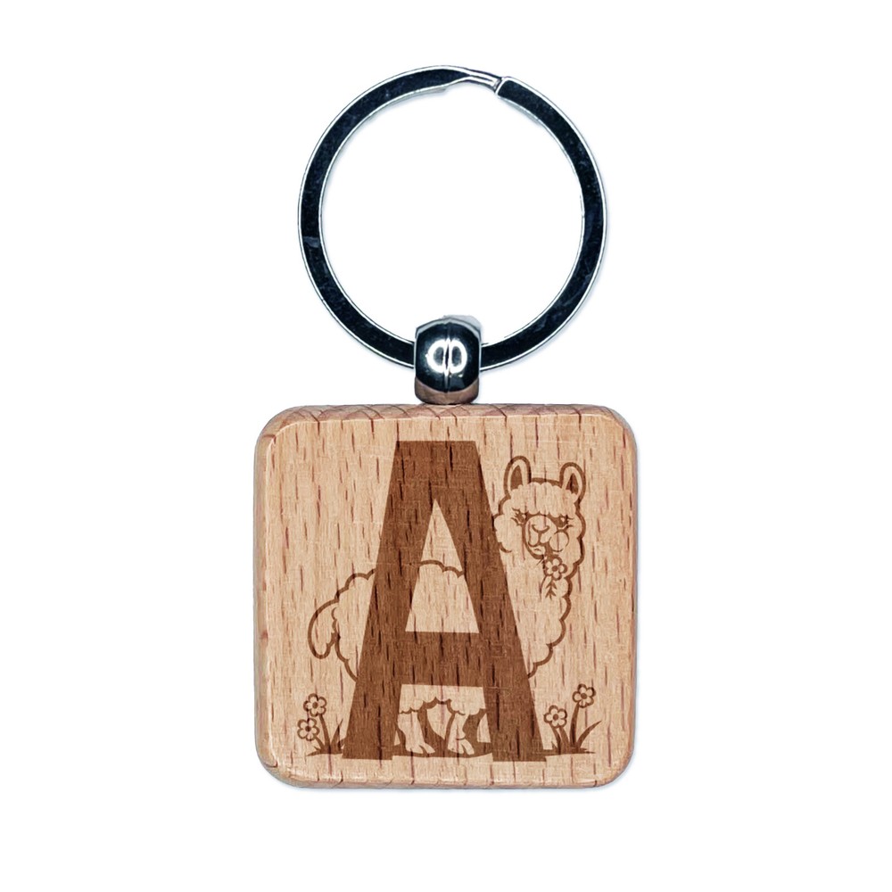 Alpaca Letter A Animal Alphabet Engraved Wood Keychain Charm  