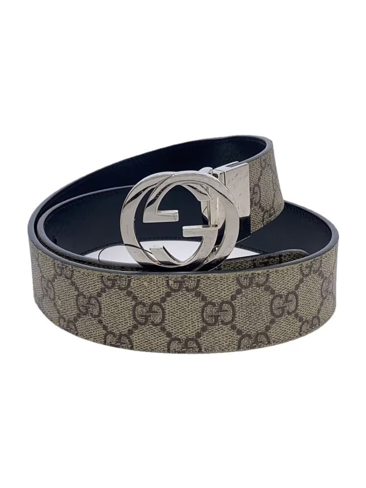 GUCCI Interlocking G Leather Belt in Beige Black and Silver 473030