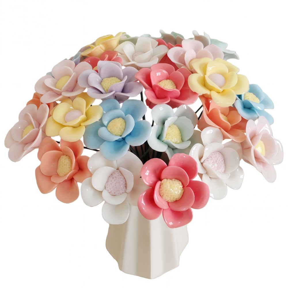 Handmade 3D ceramic colorful flowers Set of 25 blooming eternally, perfect ho...