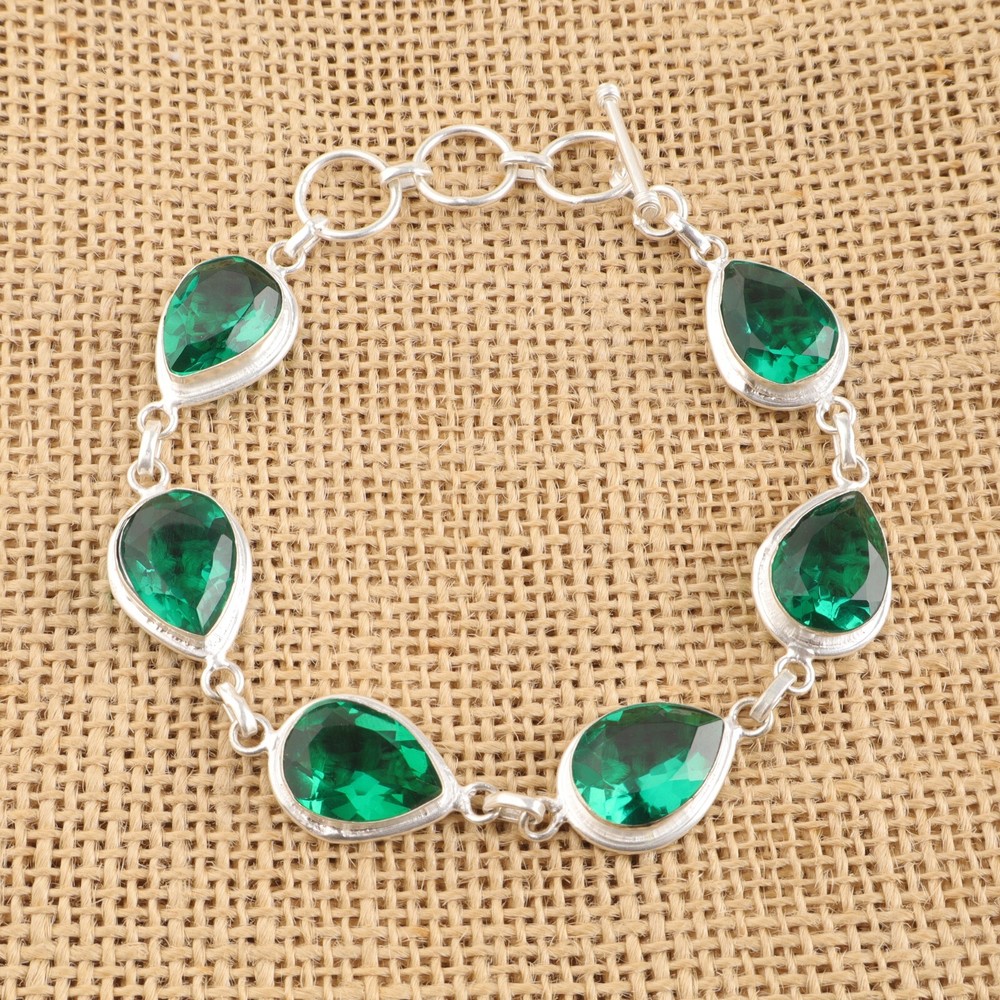 925 Sterling Silver Emerald Gemstone Bezel Sister Bracelet