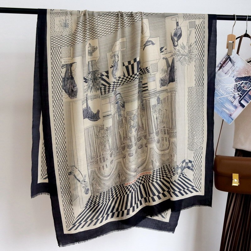Pure Cashmere Ring Scarf Wrap Shawl Theater Print Thin Soft Delicate 78
