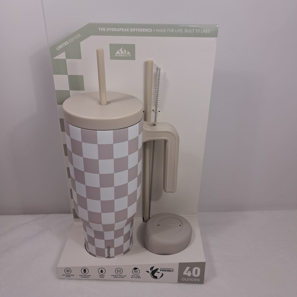 Hydrapeak Voyager 40oz Steel Tumbler Limited Edition Cream Checkered With Handle