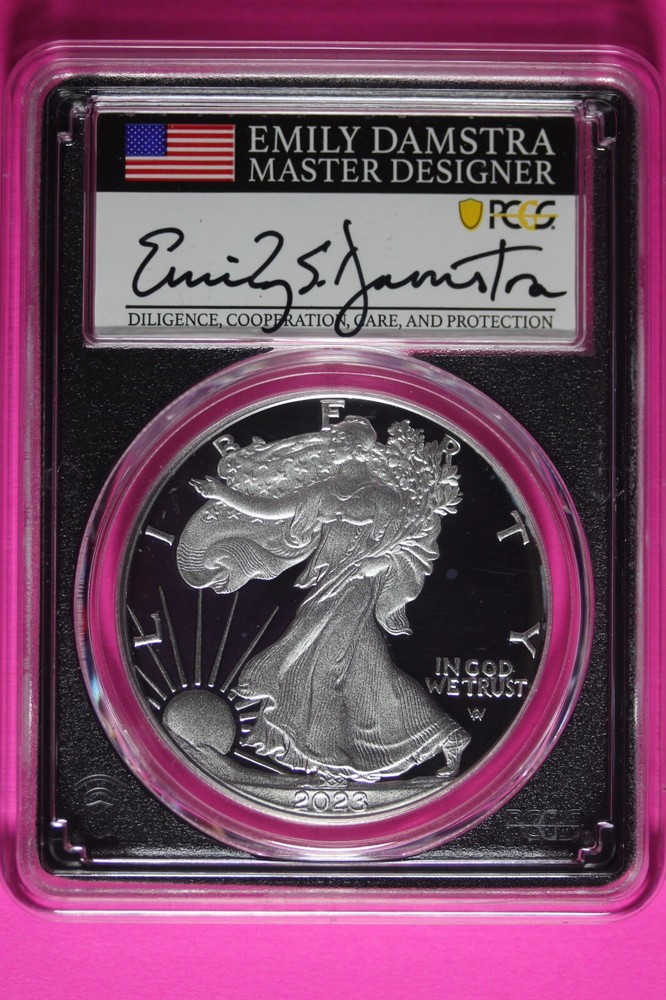 2023 W PR 70 Silver Eagle Emily Damstra Signature PCGS 1rst Day Issue Slab 473