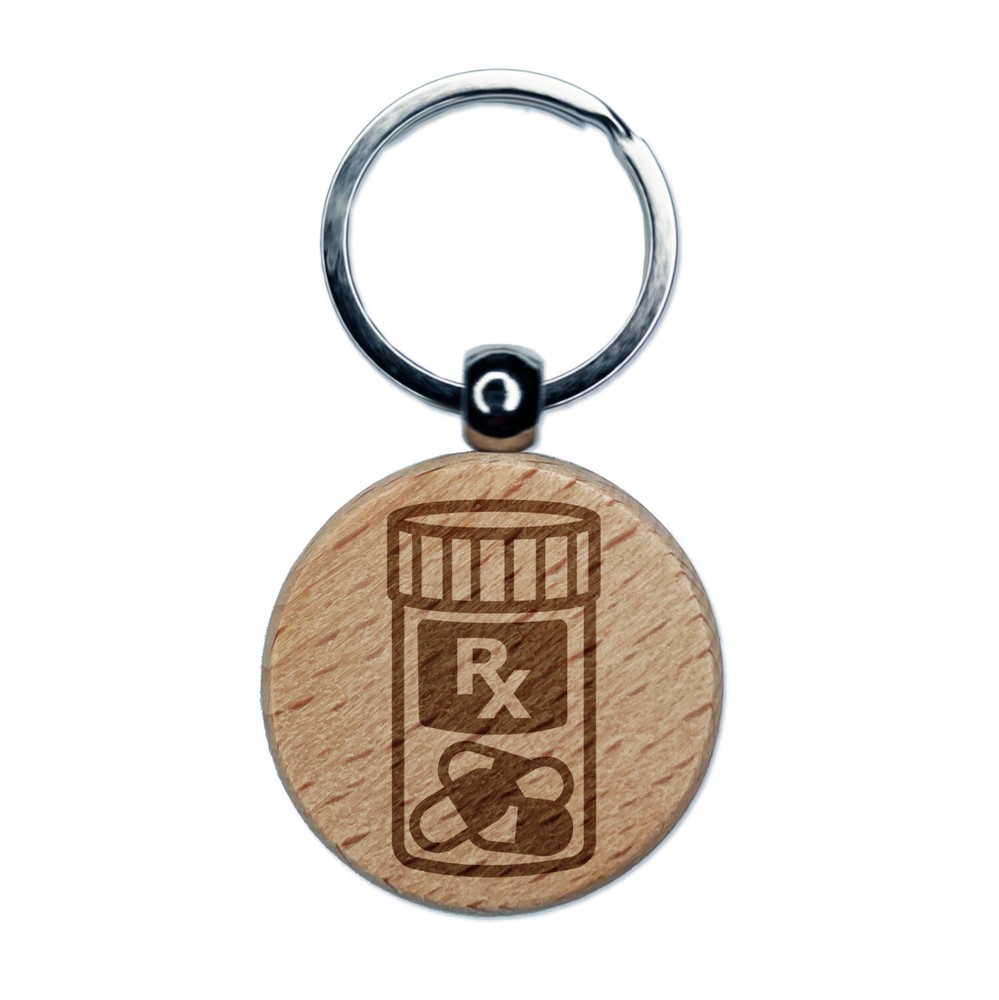 Prescription Pill Bottle Wood Engraved Keychain Tag Charm for Medicine