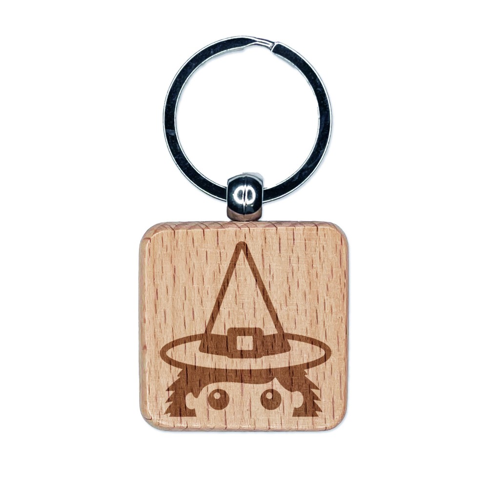 Llavero cuadrado de madera grabada de Halloween Peeking Witch dije etiqueta