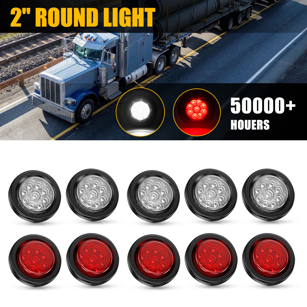 10 Pack 2 Inch Red White Round Trailer 9 LED Marker Lights with Grommet for Truck RV
