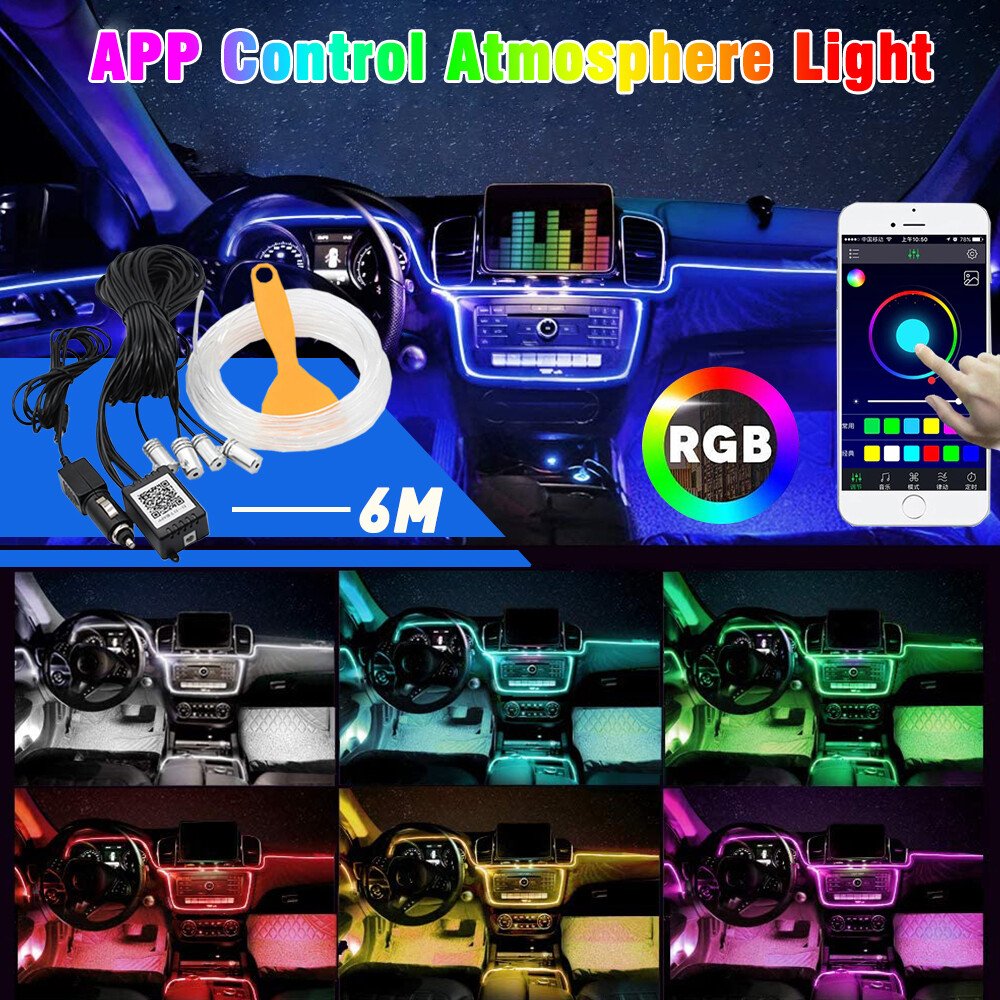 6M RGB LED Car Neon Interior Wire Strip Atmosphere Decor Light APP Control 12V