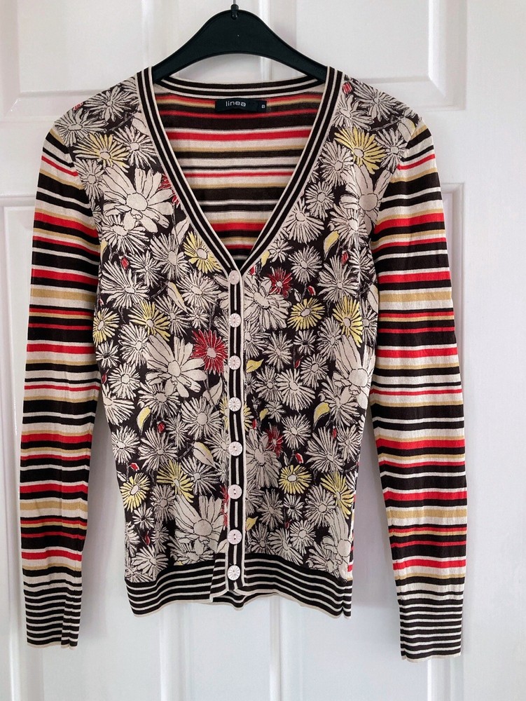 Linea Brown Mix Floral & Striped Fine Knit Cotton Cardigan Size S