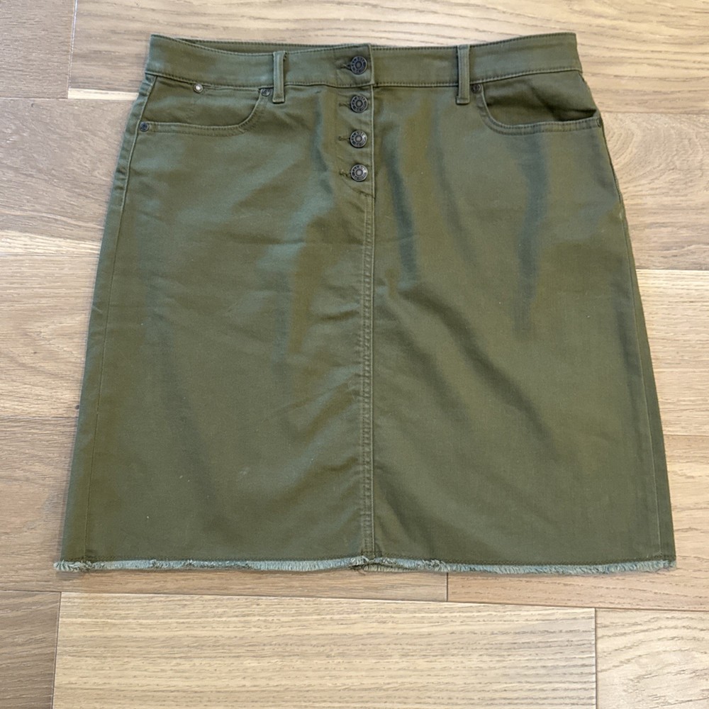 Talbots Olive Green Denim Skirt 12 Button Fly Utility Pocket Preppy Minimalist