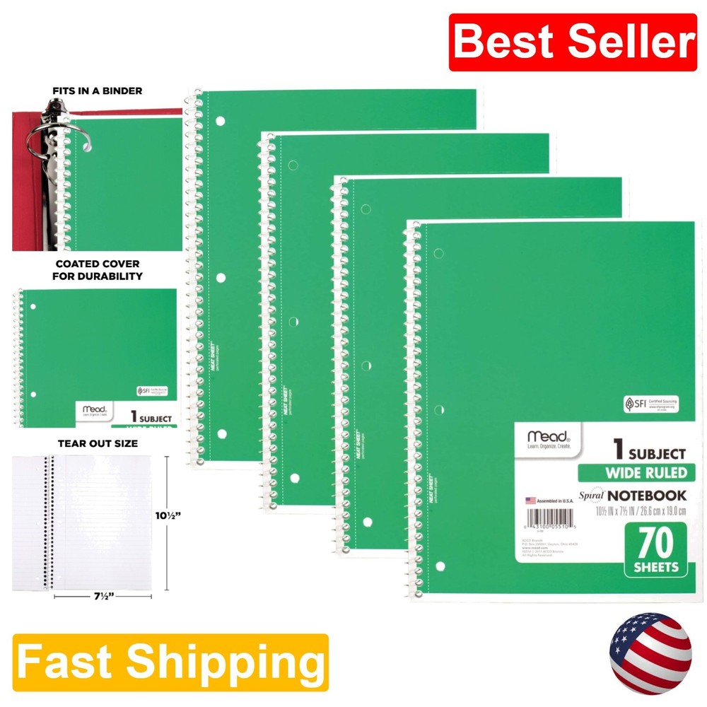 Perforated Wide Ruled Spiral Notebooks - Pack of 4, 10-1/2 x 7-1/2 Inches, Green