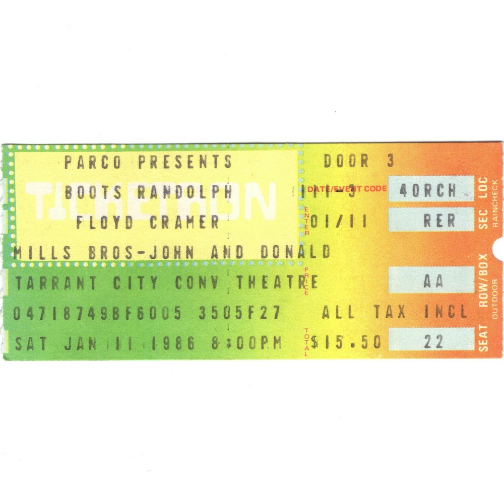 BOOTS RANDOPLH FLOYD CRAMER MILLS BROTHERS Concert Ticket Stub 1/11/86 FT WORTH