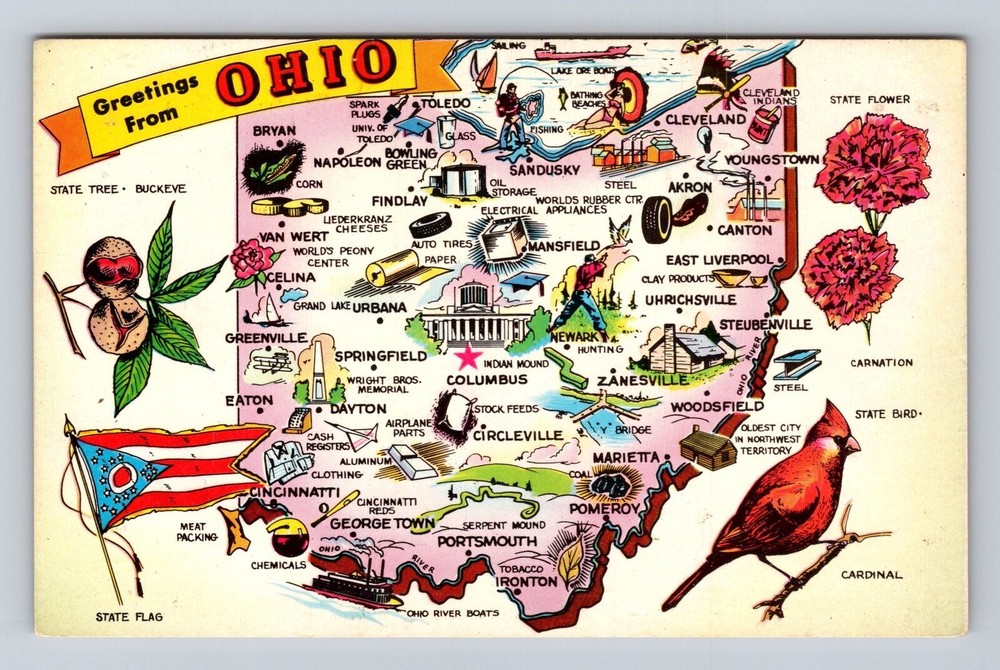 OH-Ohio, General Map Landmark Greetings, Antique, Vintage Souvenir Postcard
