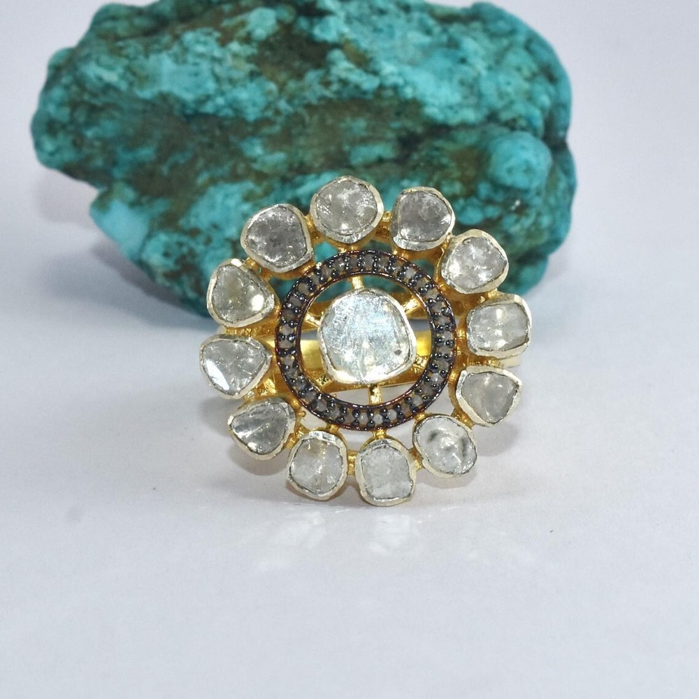 Stunning Rose Cut Polki Pave Diamond 925 Sterling Silver Victorian Ring