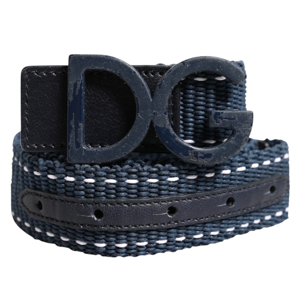 DOLCE & GABBANA Belt Blue Cotton Leather DG Logo Metal Buckle 100cm /40in 370usd