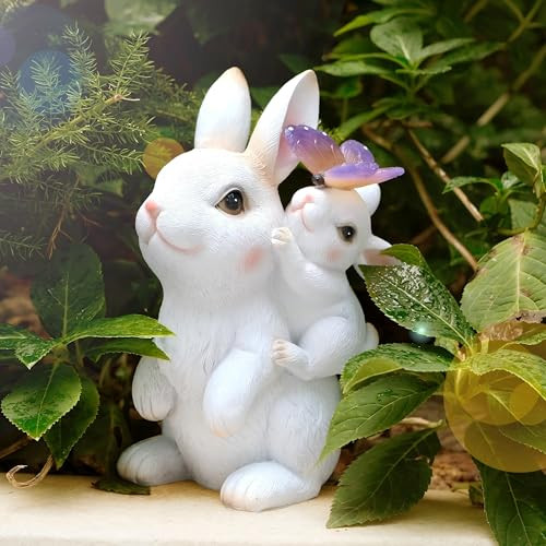 Jardín Exterior Estatuas Conejo con Luces Solares,Madre y Bebé Conejo Estatuilla