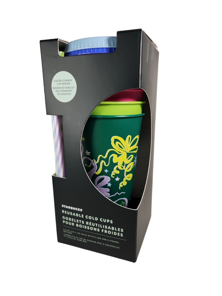 NWT Starbucks HOLIDAY Reusable Cold Cups 5 Pack Color Changing w/ Lids & Straws