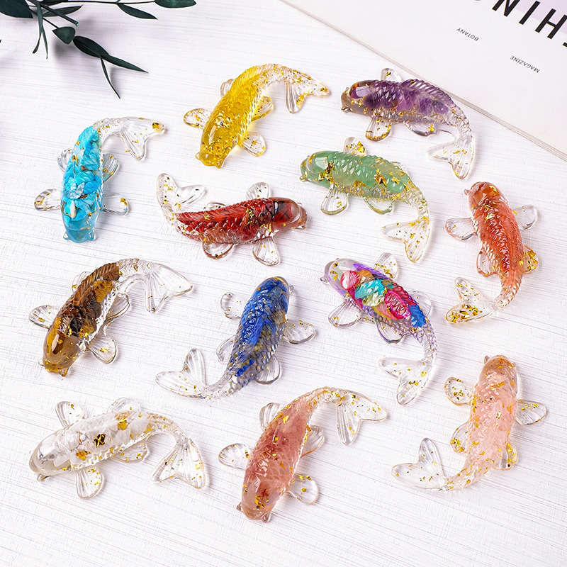 Natural Quartz Crystal Koi Fish Epoxy Resin Bead Lucky Fancy Carp Mascot Healing