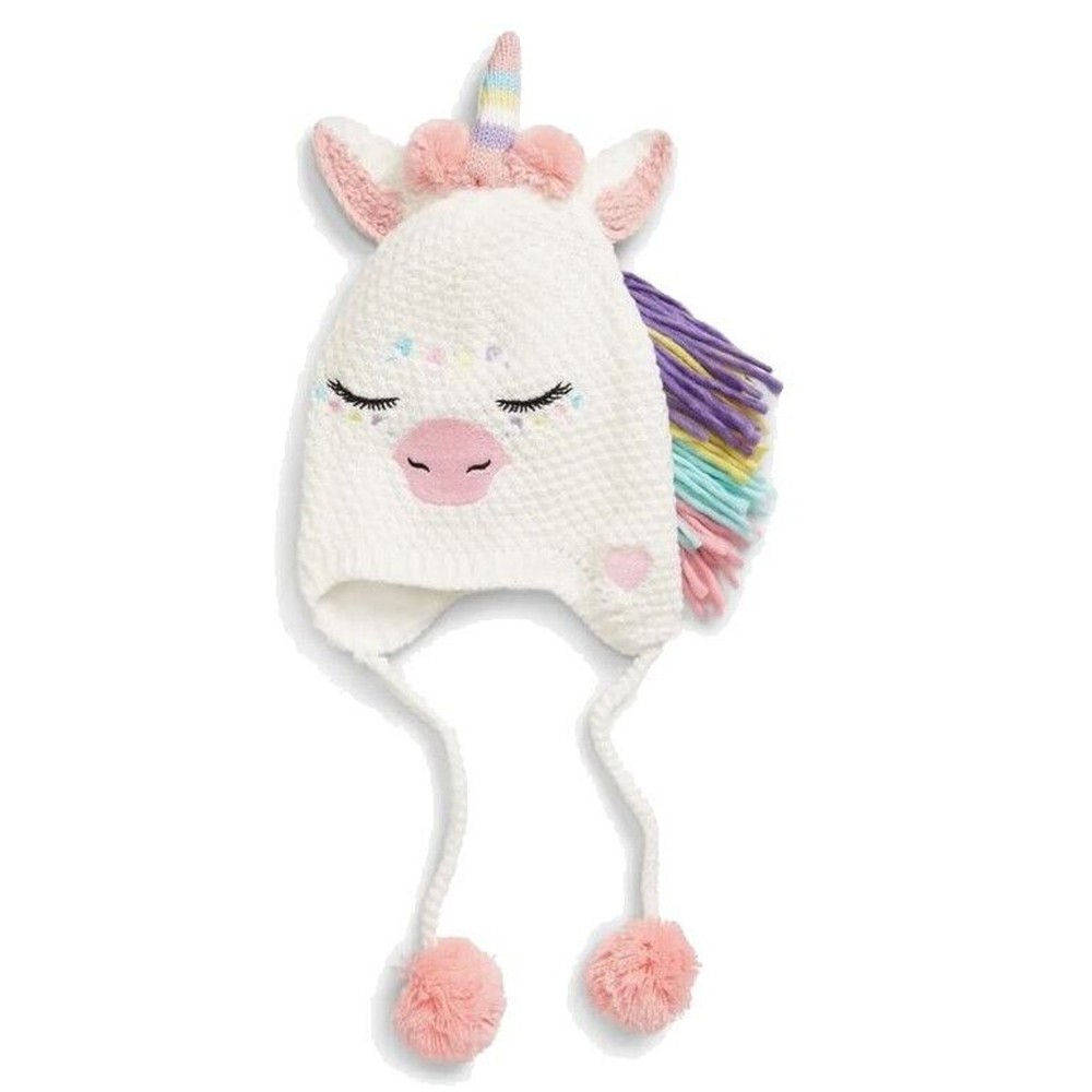 Under One Sky Toddler Girl Knit White Unicorn Fleece Earflap Hat Size S/1-3Y