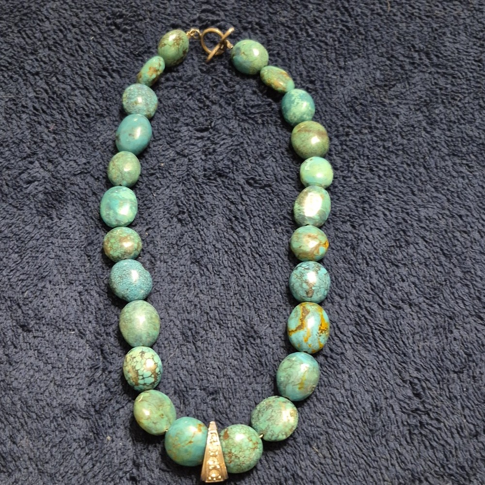 Turquoise Beaded Necklace Brass Toggle Oval Pendant