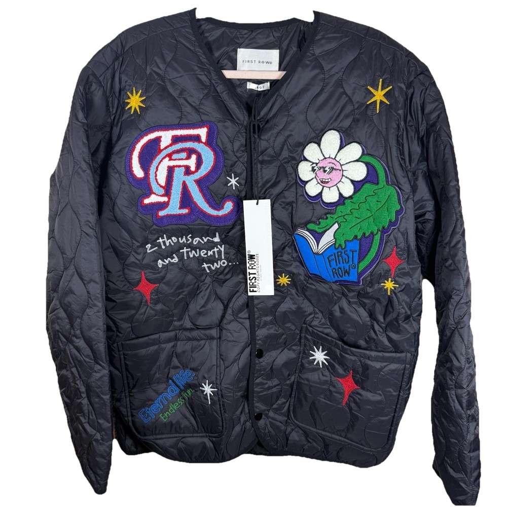 First Row Denim Sunshine Jacket  black     embroidery patchwork Size L NWT Rare
