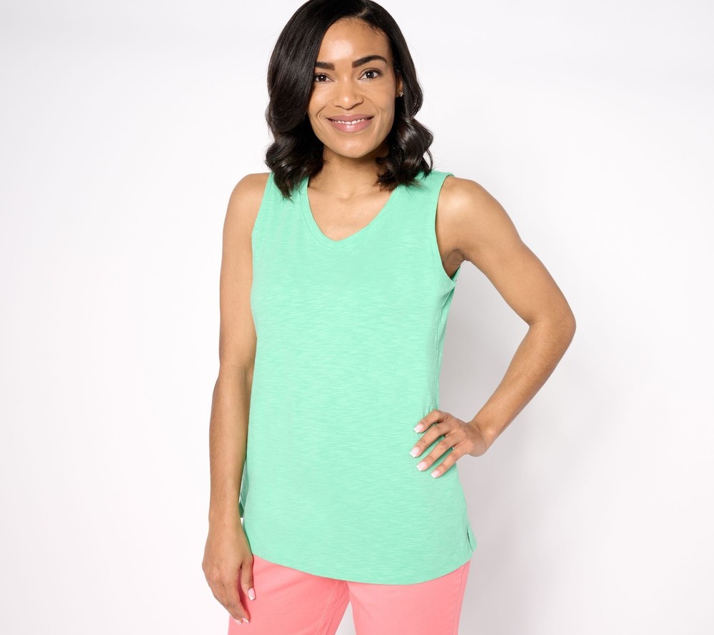 Denim & Co. Women's Top Sz L Co Essentials Texture Knit V-Neck Tank Green