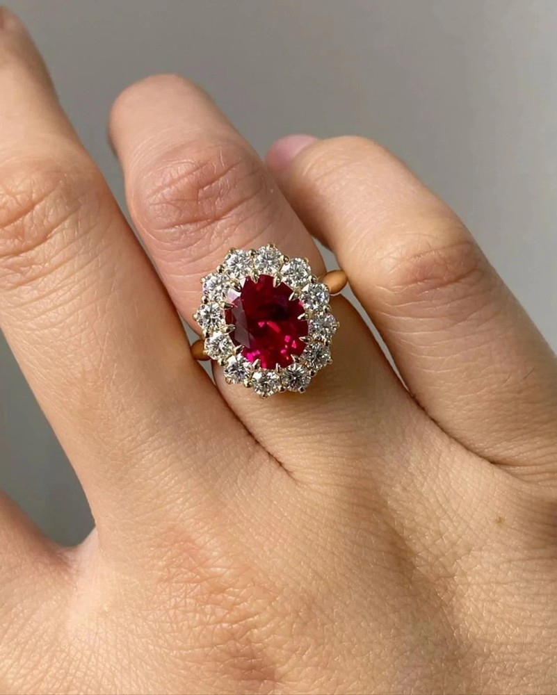 2.45 Ct Oval Cut Ruby & Diamond Wedding Ring 14K Solid Yellow Gold
